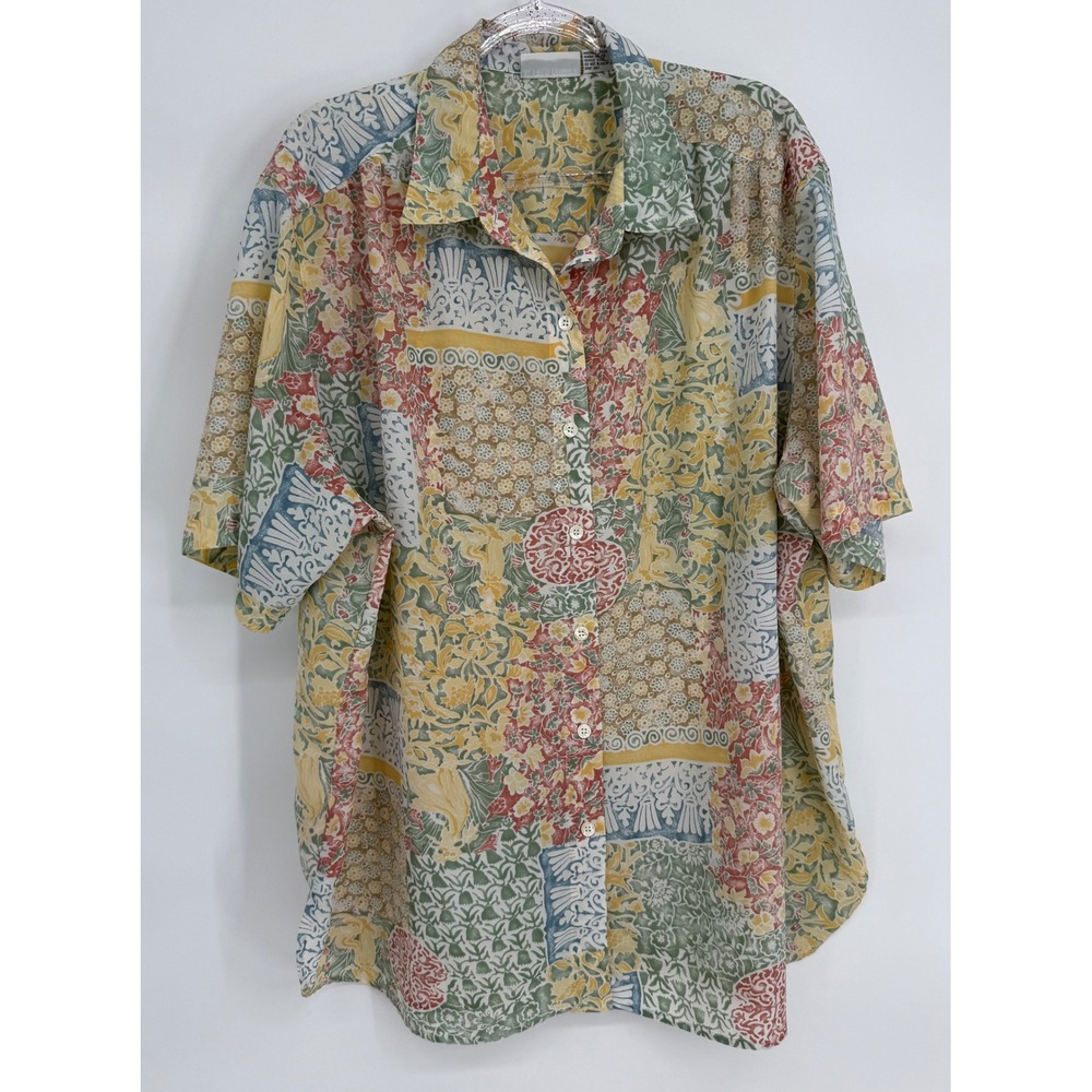 Alfred Dunner Floral Patchwork Button Up Blouse‎ Plus Sz 24W Short Sleeve Sage